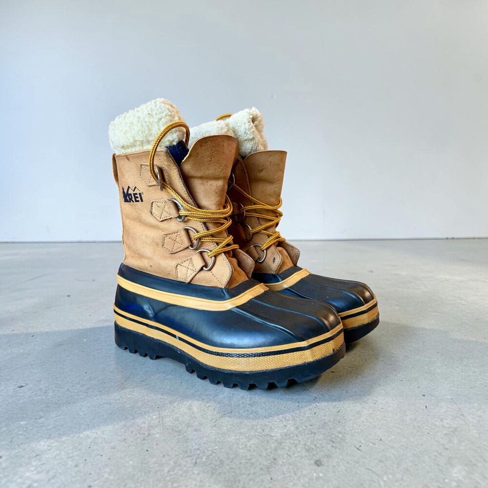 REI Men’s Tan/Blue Lace Up Lined Mid-Calf Snow Boots Rubber Sole Winter